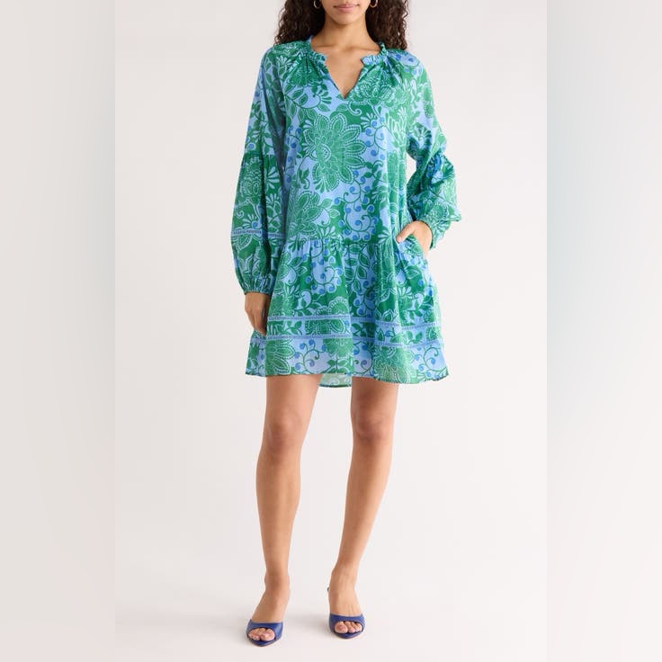 Sugarlips Green And Blue Floral V-Neck Tiered Mini Dress Size Small